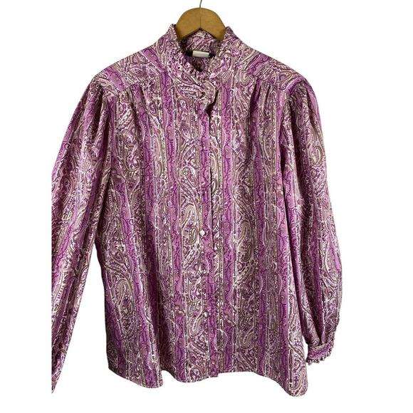 Vintage 1960s Blouse High Ruffle Neck Purple Paisley Button Up Secretary 42 / 2X - Picture 7 of 15